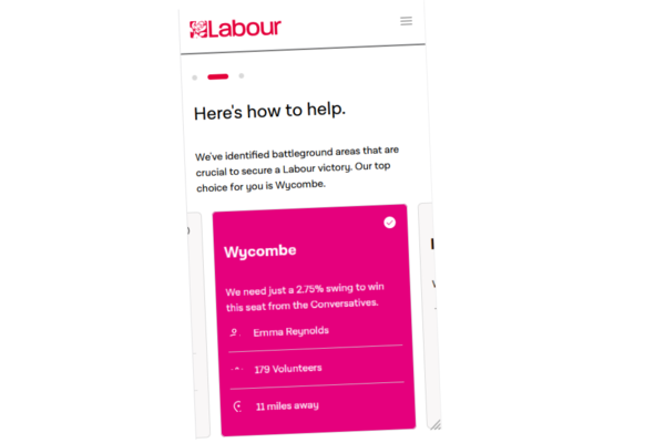 Screenshot of the Labour Party website instructing people to campaign in Wycombe.